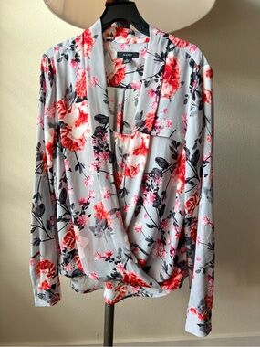 Alfani Red Pink Floral Surplice Faux Wrap Long Sleeve Blouse Size 10